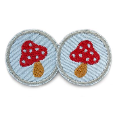 kleine Jeansflicken mit aufgestickten Fliegenpilzen, Mini Flicken zum aufbügeln