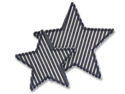 Stern Flicken zum aufbügeln aus grau gestreiftem Jeansstoff – Stern-Bügelflicken grau gestreift 7,5 cm und 10 cm mit dunkelgrauer Umrandung, Aufnäher für Kinderhosen und Jeans handmade Berlin