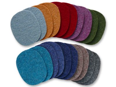 Ovale Woll-Flicken zum Aufbügeln in 10 Farben: Mint Ocker Rot Beere Mittelblau Dunkelblau Petrol Grün Braun Dunkelgrau, jeweils 8 x 10 cm, Wollwalk-Knieflicken handmade Berlin Piratenbande