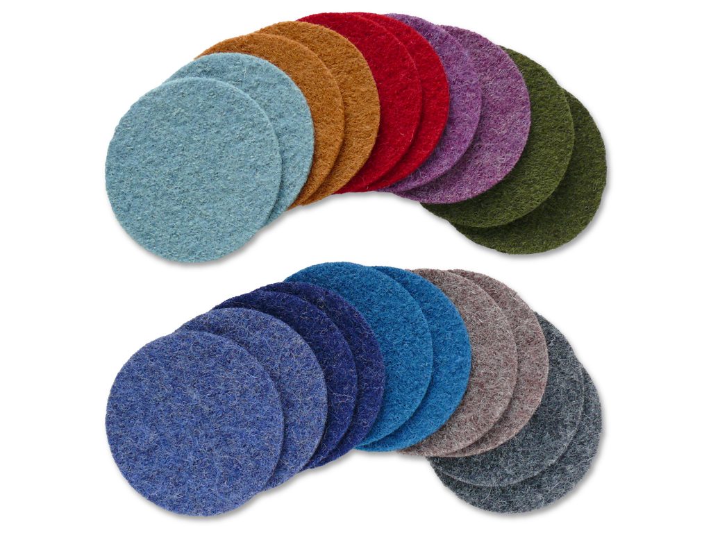 Runde Wollwalk-Flicken zum Aufbügeln in 10 Farben: Mint Ocker Rot Beere Jeansblau Dunkelblau Petrol Grün Braun Dunkelgrau, jeweils Ø 7,5 cm, Wollwalk-Bügelflicken handmade Berlin