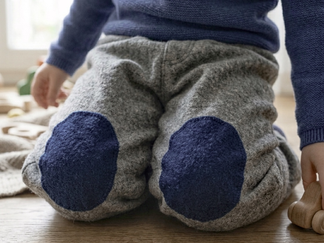dunkelblaue Wollwalk-Flicken auf einer Kinder-Wollhose aufgebügelt, 8 x 10 cm, ovale Wollwalk-Bügelflicken Knieflicken handmade Berlin