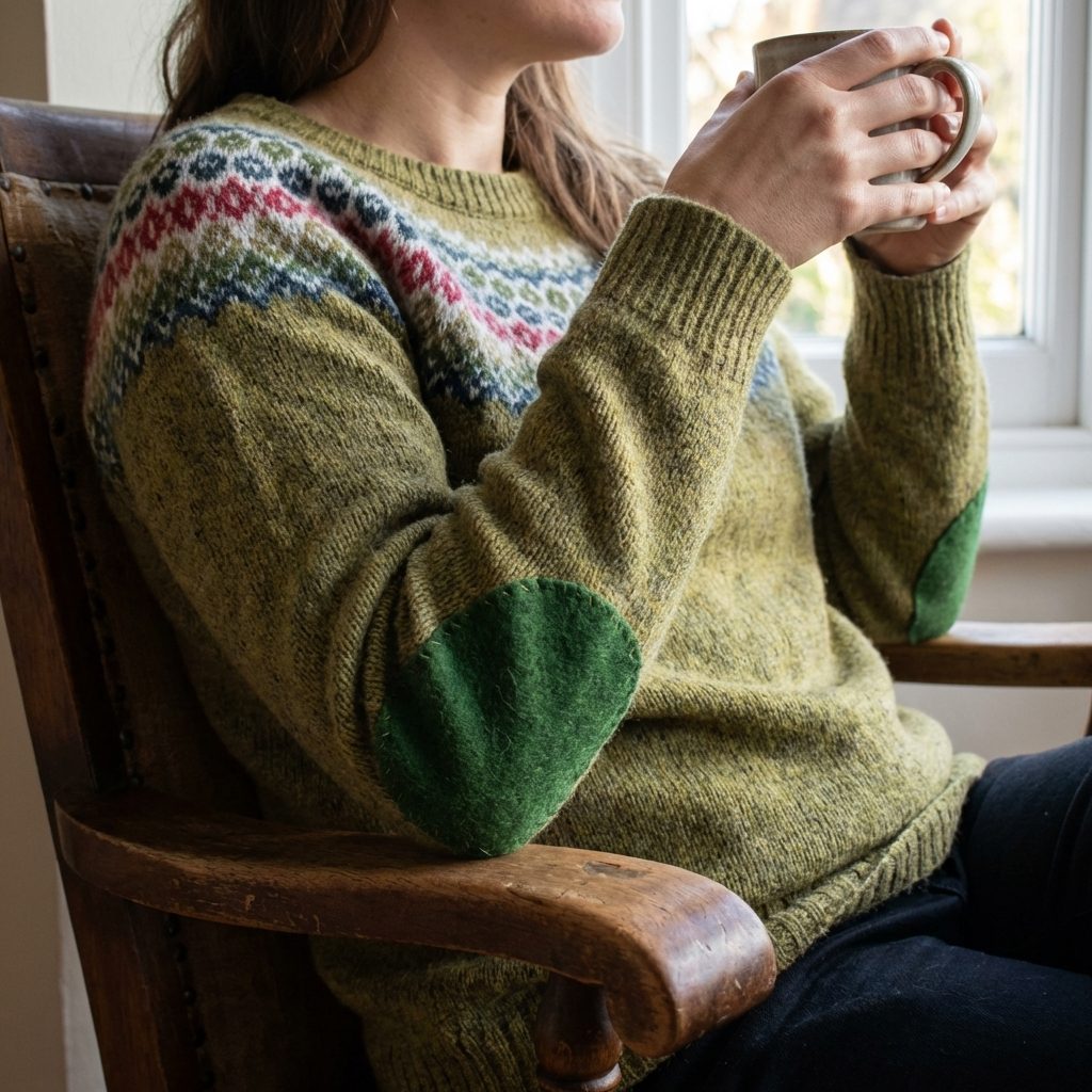 Grüne Ellenbogen-Flicken aus Wollwalk auf einem Wollpullover aufgenäht, Handmade in Berlin