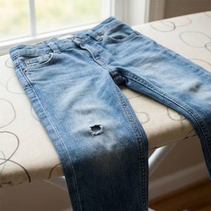 Bügelanleitung für Bügelflicken - Schritt 1: Hose mit dem Loch glatt bügeln