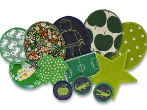 grüne Bügelflicken und Aufnäher, viele verschiedene Motive, Formen und Größen, alle Flicken handmade in Berlin