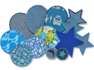 Bügelflicken in blau - ovale Knieflicken, runde Hosenflicken und viele weitere Aufnäher in Hellblau, Mittelblau und Dunkelblau