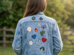 Bügelpatchtes als Accessoire auf einer Jeansjacke, Aufnäher für Jeans, Upcycling, handmade Piratenbande