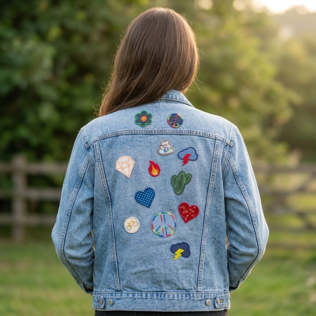 Bügelpatchtes als Accessoire auf einer Jeansjacke, Aufnäher für Jeans, Upcycling, handmade Piratenbande