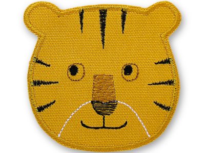 Gestickter Tiger-Bügelpatch aus gelbem Baumwollcanvas, 8,5 x 8 cm, Tiger-Knieflicken für Kinderhosen und Jeanshosen, Aufnäher handmade Berlin Piratenbande