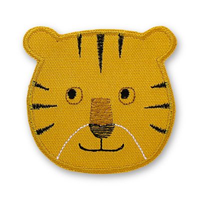 Gestickter Tiger-Bügelpatch aus gelbem Baumwollcanvas, 8,5 x 8 cm, Tiger-Knieflicken für Kinderhosen und Jeanshosen, Aufnäher handmade Berlin Piratenbande
